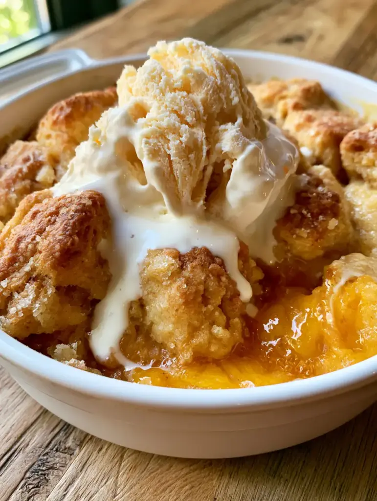 Peach Cobbler: The Ultimate Southern Recipe with a Buttery Biscuit Crust 2 Close up handheld photo of a fresh peach cobbler with bubbling orange filling and a golden-brown craggy crust. (peach cobbler)