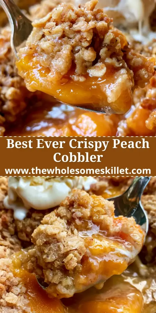 A close-up handheld shot of a silver spoon lifting a scoop of warm peach crumble with bubbling orange syrup, topped with melting vanilla bean ice cream.