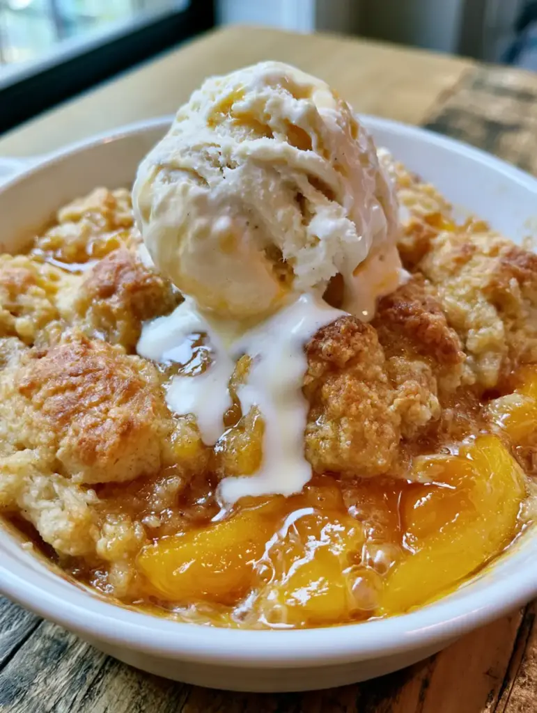 Peach Cobbler: The Ultimate Southern Recipe with a Buttery Biscuit Crust 1 Traditional Southern peach cobbler in a white ceramic dish featuring melting vanilla bean ice cream drips.