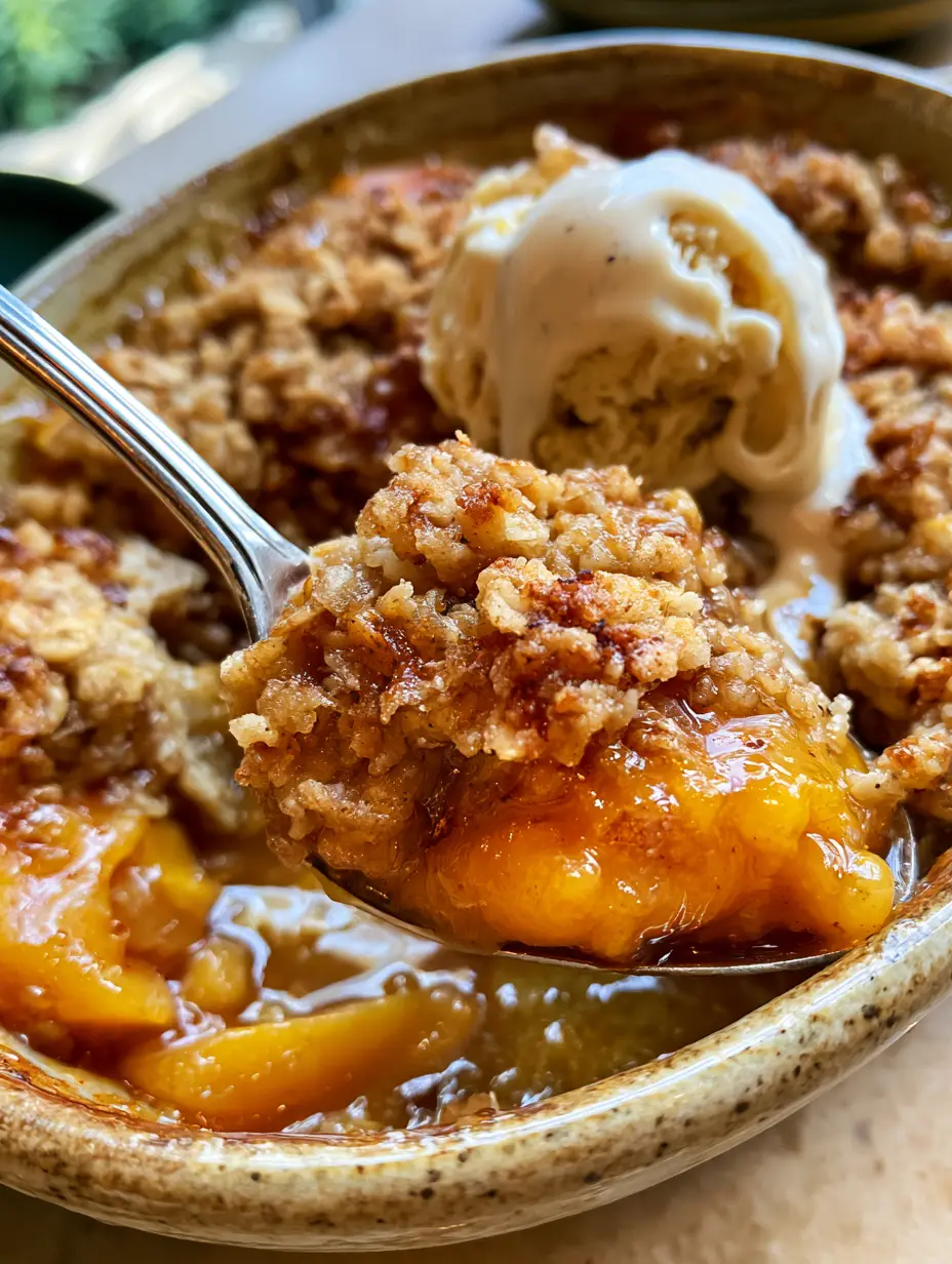 A rustic ceramic dish filled with golden-brown peach crumble, showing bubbling cinnamon syrup and melting droplets of vanilla bean ice cream.