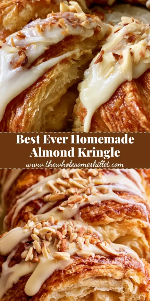 A freshly baked Danish almond kringle with thick vanilla icing and toasted almonds on parchment paper.