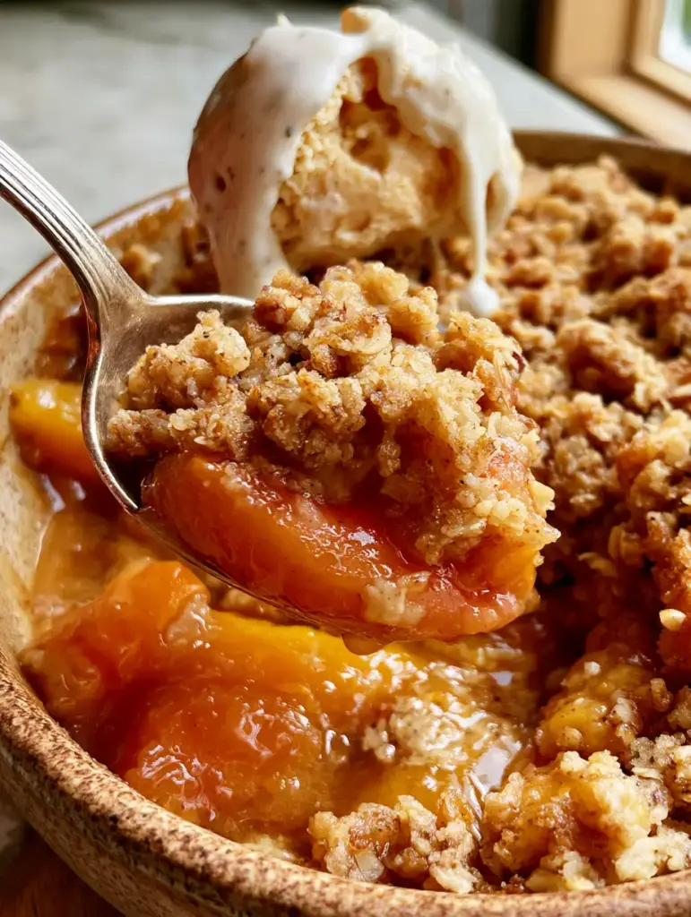Top-down view of a crunchy oatmeal crumble topping on a peach dessert with visible butter chunks and golden oats.