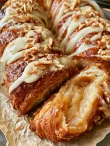 Close-up of flaky pastry layers and thick white icing on an almond kringle.