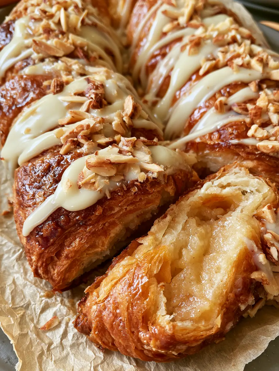 Close-up of flaky pastry layers and thick white icing on an almond kringle.