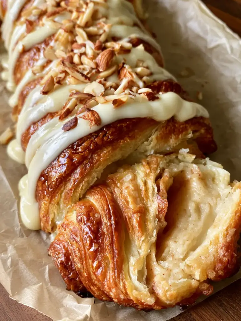 A thick slice of almond kringle pulled away to reveal the warm gooey almond cream filling.