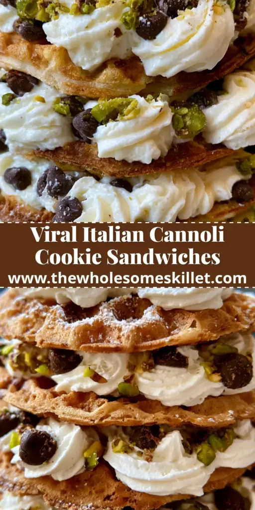 Cannoli Pizzelle Cookies: The Ultimate Gourmet Italian Sandwich Recipe 4 A towering three-layer cannoli pizzelle cookies sandwich with piped ricotta cream and pistachios.