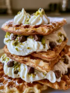 Low-angle close-up of cannoli pizzelle cookies showing the honeycomb texture and whipped cream swirls.