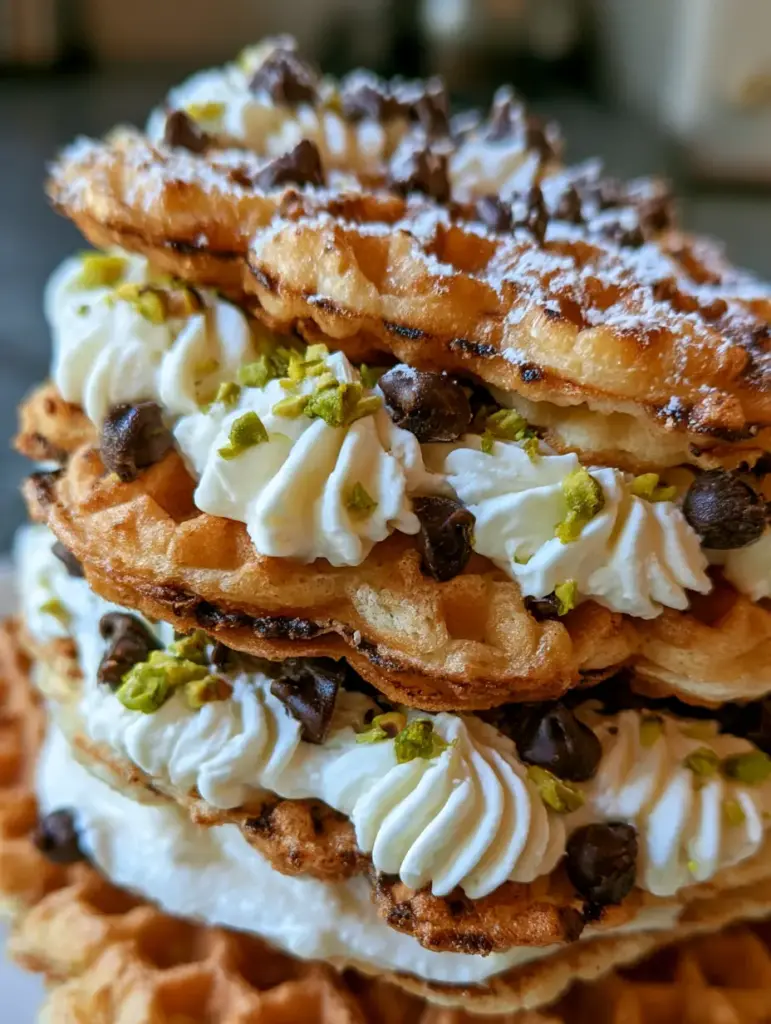 Cannoli Pizzelle Cookies: The Ultimate Gourmet Italian Sandwich Recipe 1 A smartphone-style photo of a chocolate chip cannoli pizzelle sandwich with powdered sugar dusting.