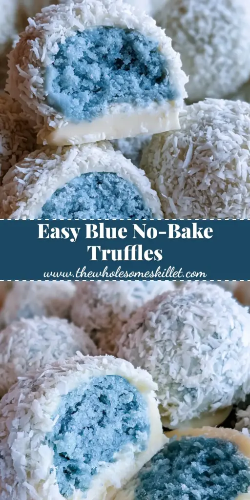 A beautiful arrangement of snowy white christmas truffles with one sliced open to reveal a vibrant blue cake center.