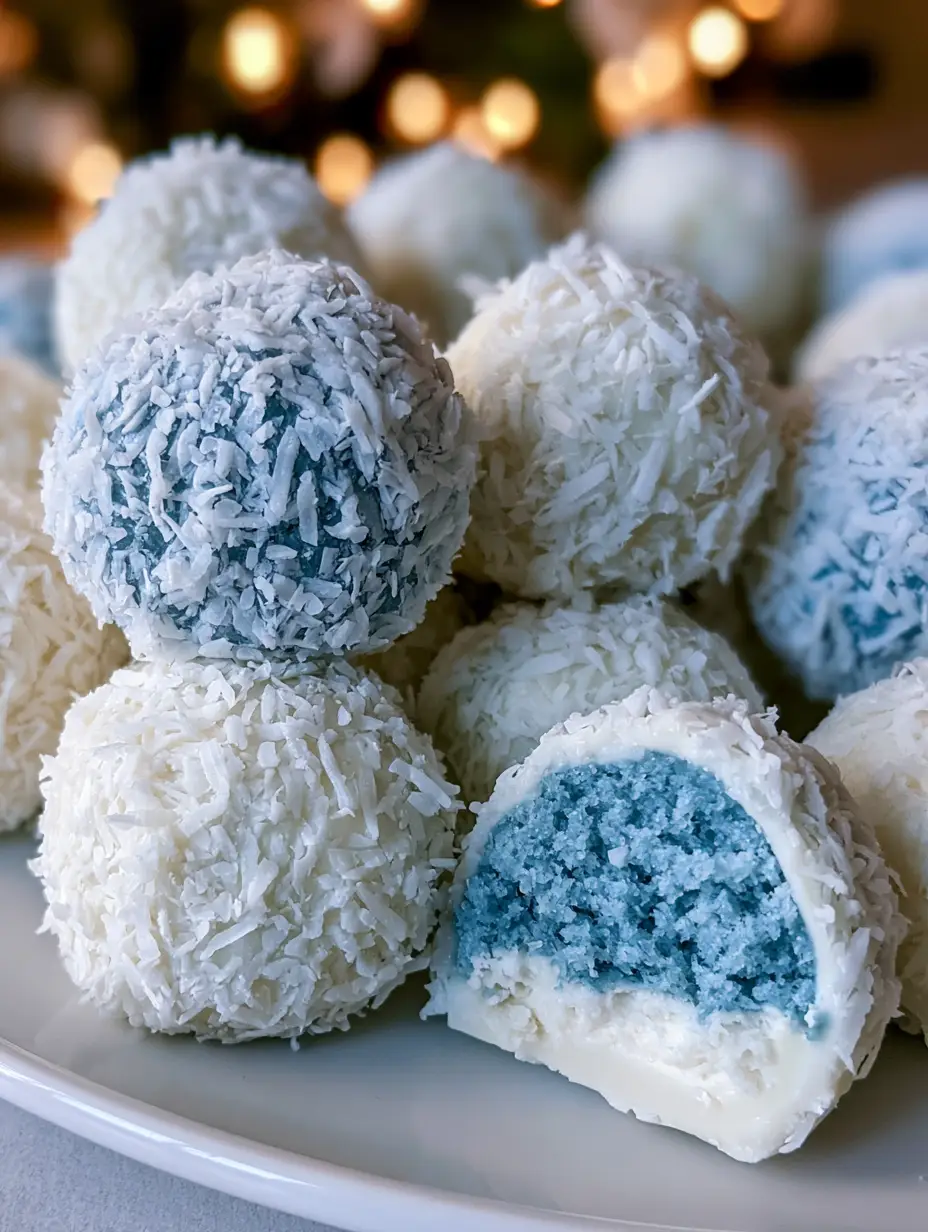 Close-up handheld photo of blue christmas truffles on a platter with holiday lights in the background.