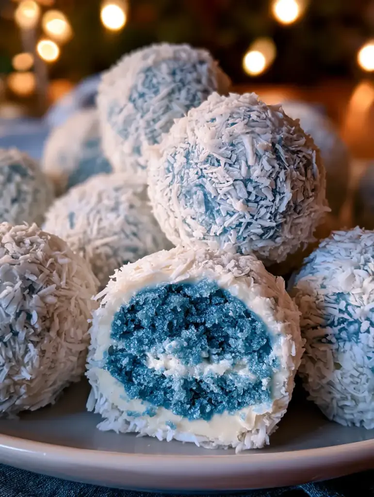 A sliced christmas truffle showing the moist blue cake and cream cheese center encased in white chocolate.