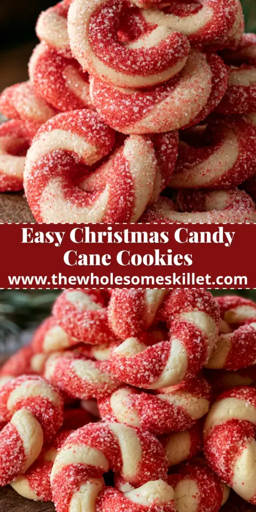 Peppermint Christmas Cookies: The Ultimate Red and White Candy Cane Twists 4 A stack of red and white twisted peppermint christmas cookies encrusted in sparkling sugar on a wooden board.