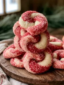 Close up of peppermint christmas cookies showing the red and white dough twist and large sugar crystals.