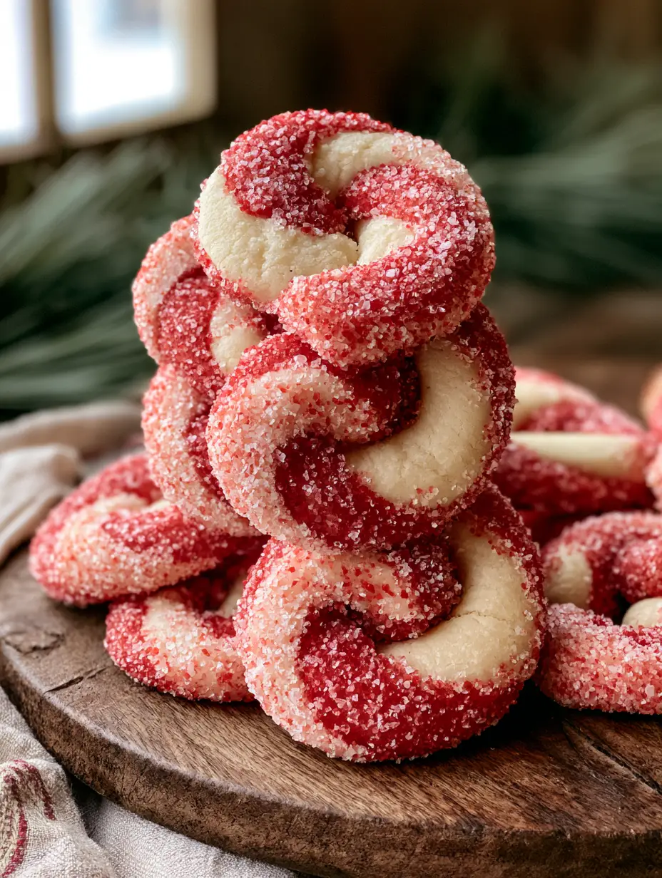 Peppermint Christmas Cookies: The Ultimate Red and White Candy Cane Twists 3 Close up of peppermint christmas cookies showing the red and white dough twist and large sugar crystals.