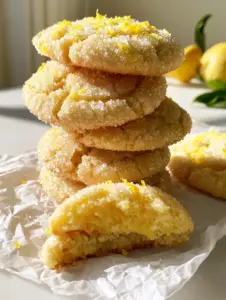 Close-up of a broken lemon sugar cookie showing a moist yellow center and vanilla bean flecks.