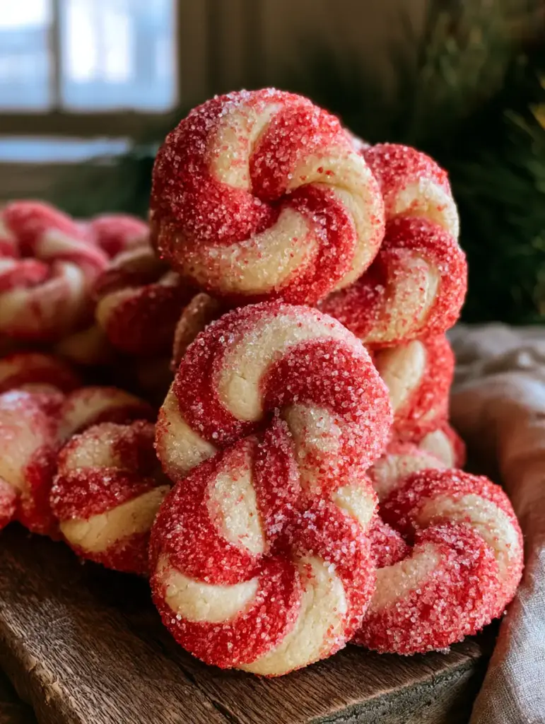 Peppermint Christmas Cookies: The Ultimate Red and White Candy Cane Twists 1 A vertical photo of a stack of peppermint christmas cookies on a rustic board with holiday pine needles in the background.
