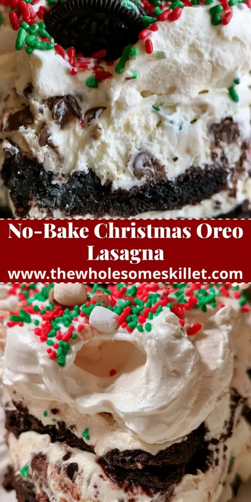 Oreo Dream Bars: The Ultimate No-Bake Christmas Dessert Lasagna 4 A tall slice of Christmas Oreo lasagna showing layered oreo dream bars with festive sprinkles and marshmallows.