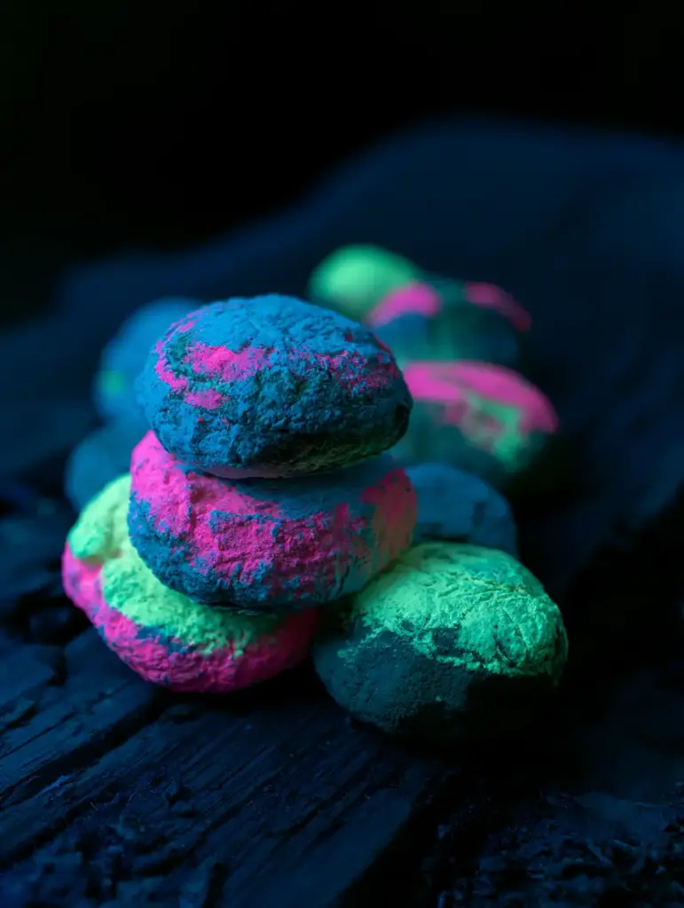 Glowing Moon Rocks: The Ultimate DIY Guide to Vibrant Neon Galactic Decor 1 Close up of glowing moon rocks showing electric blue and lime green fluorescent paint details.