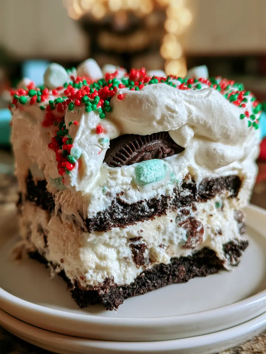 Oreo Dream Bars: The Ultimate No-Bake Christmas Dessert Lasagna 3 Close-up high angle shot of oreo dream bars showing the thick chocolate crust and creamy white middle.