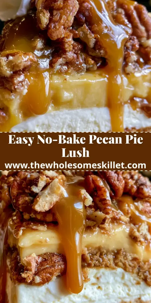 A tall slice of pecan pie lush showing layers of graham cracker crust, cream cheese, and vanilla pudding topped with pecans and caramel. (pecan pie lush)