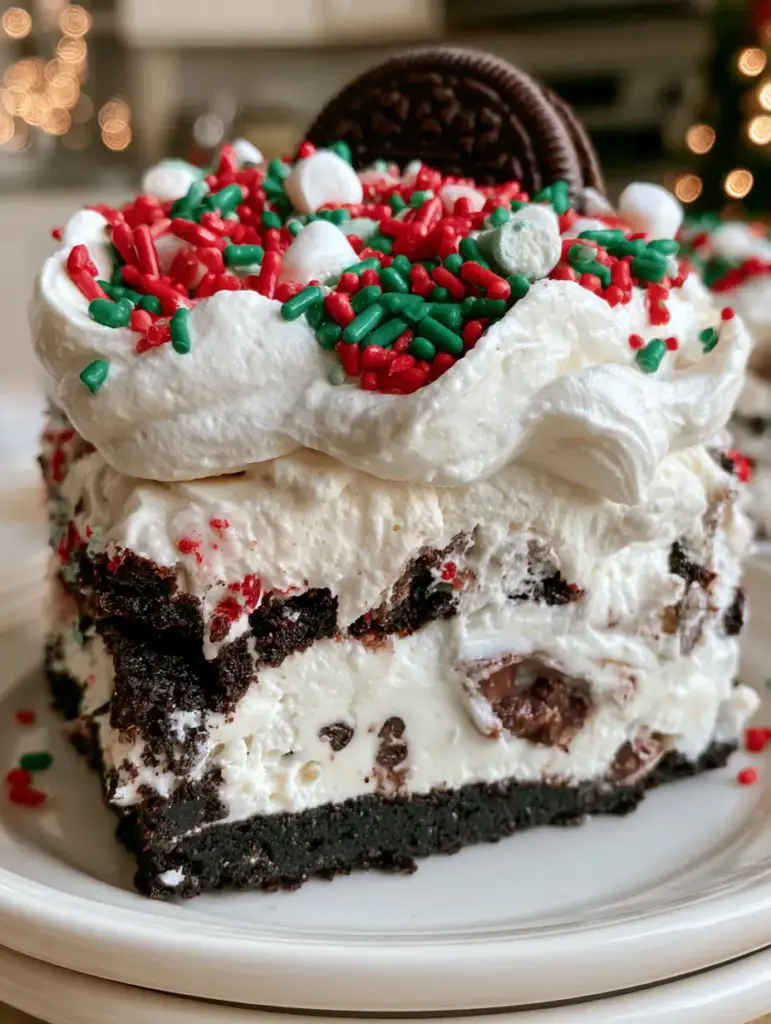 Oreo Dream Bars: The Ultimate No-Bake Christmas Dessert Lasagna 1 A decadent slice of oreo dream bars topped with red candy melts and festive sprinkles on a white plate.
