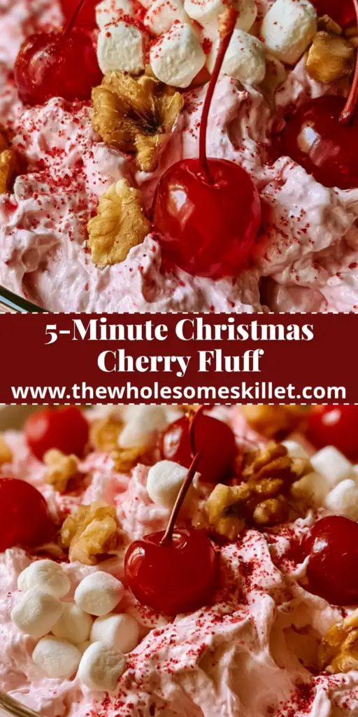 Ultimate Pink Cherry Fluff: The Lightest Holiday Marshmallow Salad 4 A tall glass bowl filled with airy pink cherry fluff salad, garnished with whole cherries, toasted walnuts, and red sprinkles. (cherry fluff)