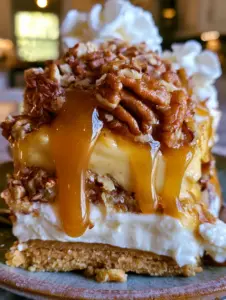Close-up cross-section of a pecan pie lush showing the velvety cream cheese and golden pudding layers. (pecan pie lush)