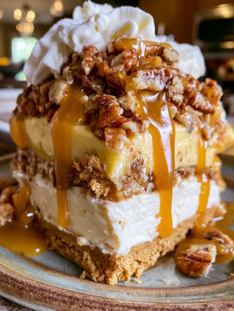 A mountain of toasted pecans drenched in amber caramel sauce on top of a pecan pie lush. (pecan pie lush)