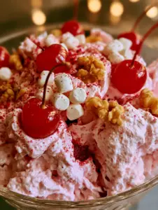 Close up handheld smartphone photo showing the light whipped texture of cherry fluff with marshmallows and walnuts. (cherry fluff)
