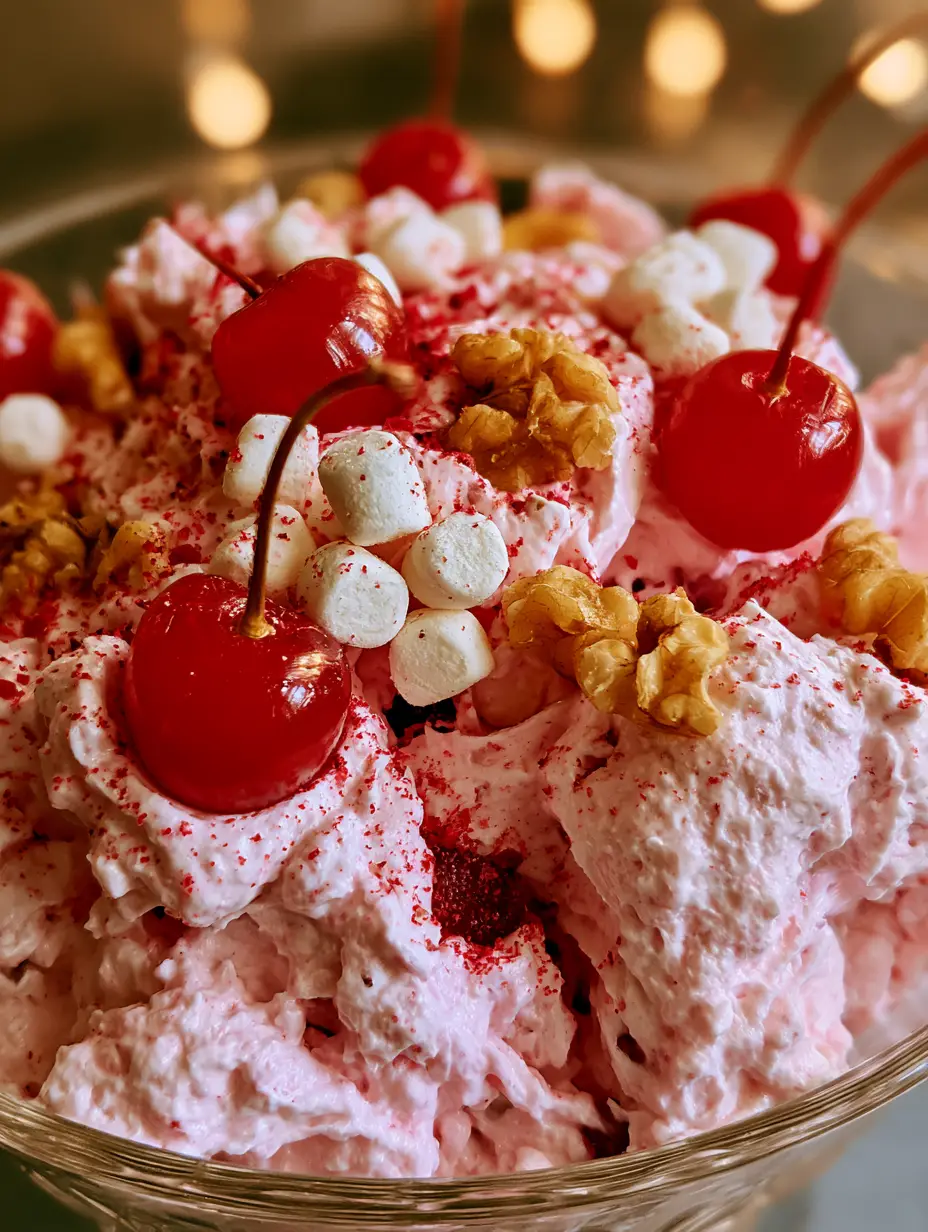 Ultimate Pink Cherry Fluff: The Lightest Holiday Marshmallow Salad 3 Close up handheld smartphone photo showing the light whipped texture of cherry fluff with marshmallows and walnuts. (cherry fluff)