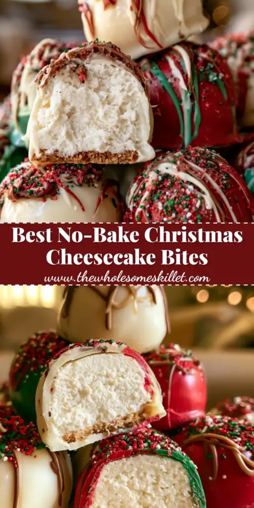 A stack of festive cheesecake truffles with white, red, and green chocolate shells and holiday sprinkles on a rustic plate. (cheesecake truffles)