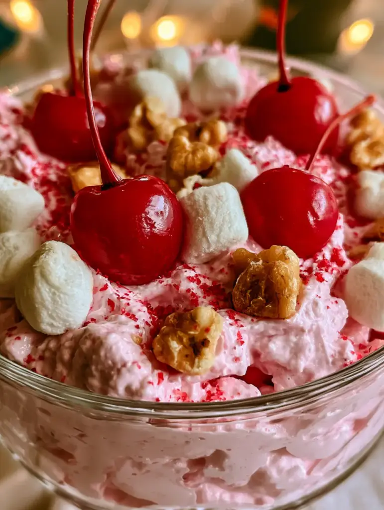 Ultimate Pink Cherry Fluff: The Lightest Holiday Marshmallow Salad 1 Glass bowl of pink cherry fluff salad featuring maraschino cherries with stems and toasted walnut halves under warm lighting. (cherry fluff)