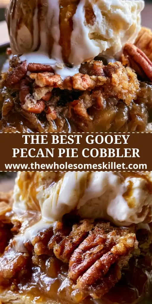 A warm slice of pecan pie cobbler on a rustic plate with melting vanilla ice cream and toasted pecans.