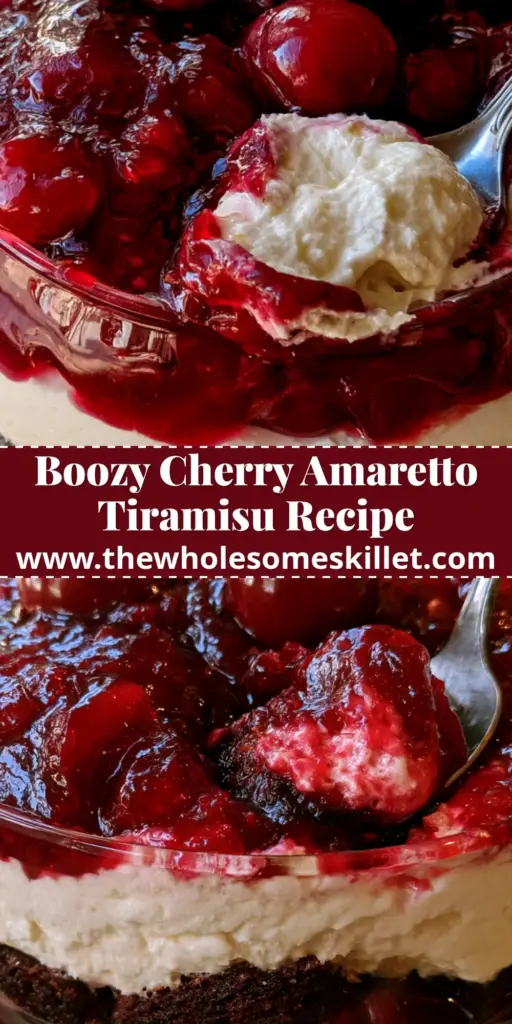 Cherry Amaretto Tiramisu: A Boozy, Layered Italian Masterpiece 4 A vertical shot of a Cherry Amaretto Tiramisu in a glass coupe showing dark espresso ladyfingers, white cream, and ruby-red cherries on top. (cherry amaretto tiramisu)