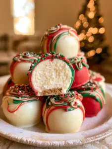 Handheld photo showing a cross-section of cheesecake truffles with a thick creamy center and glossy holiday shell. (cheesecake truffles)