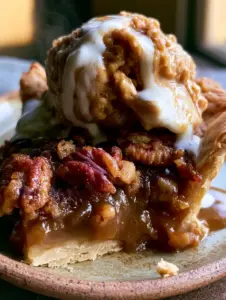 Macro shot of pecan pie cobbler showing the dark amber filling and crystalized sugar crust.