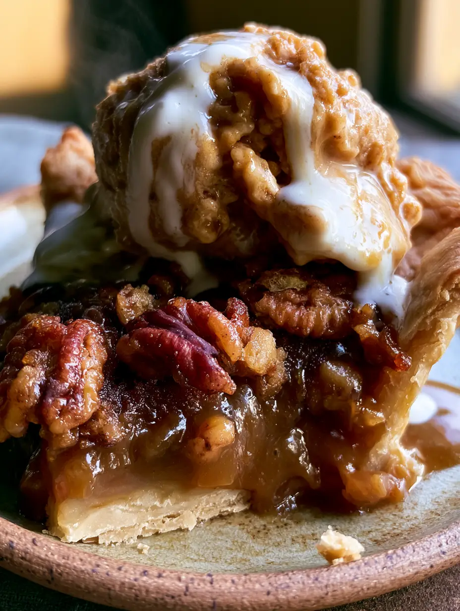 Macro shot of pecan pie cobbler showing the dark amber filling and crystalized sugar crust.