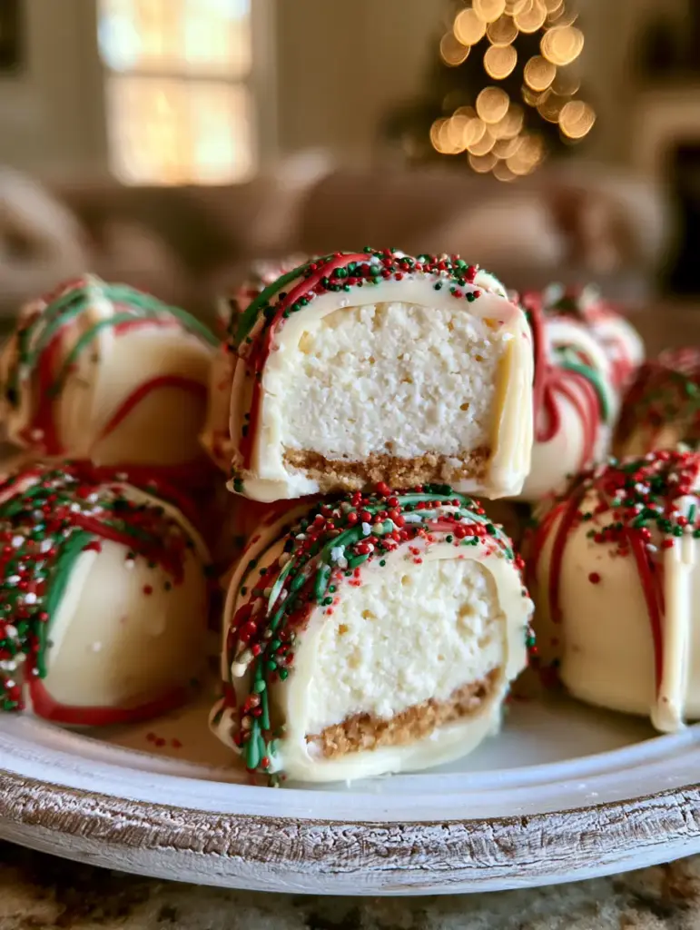 Close up of glossy red and green drizzled cheesecake truffles with gold sugar pearls.