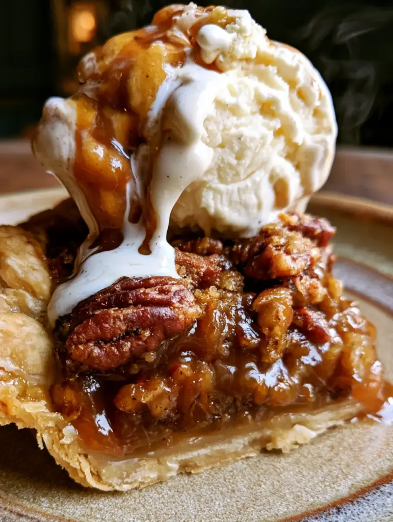 A massive scoop of vanilla bean ice cream melting over a warm slice of pecan cobbler with steam rising.