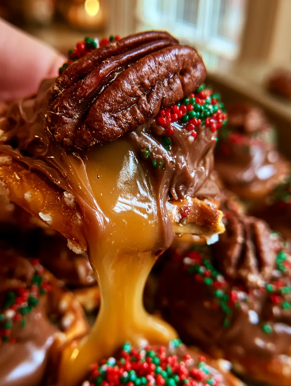 Macro shot of a rolo pretzel bites showing a thick gooey caramel pull and a toasted pecan crown.