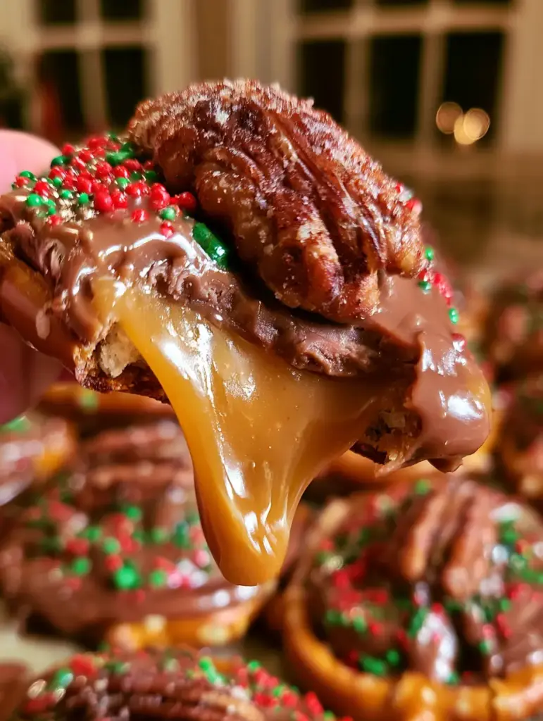 Extreme close up of festive rolo pretzel bites with red and green sprinkles and a chocolate drizzle.