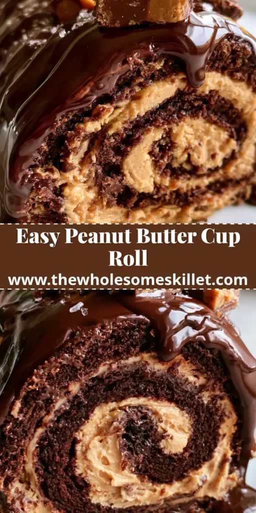 A close-up vertical shot of a chocolate swiss roll cake showing a perfect spiral of peanut butter cream, melting ganache, and peanut butter cup chunks.