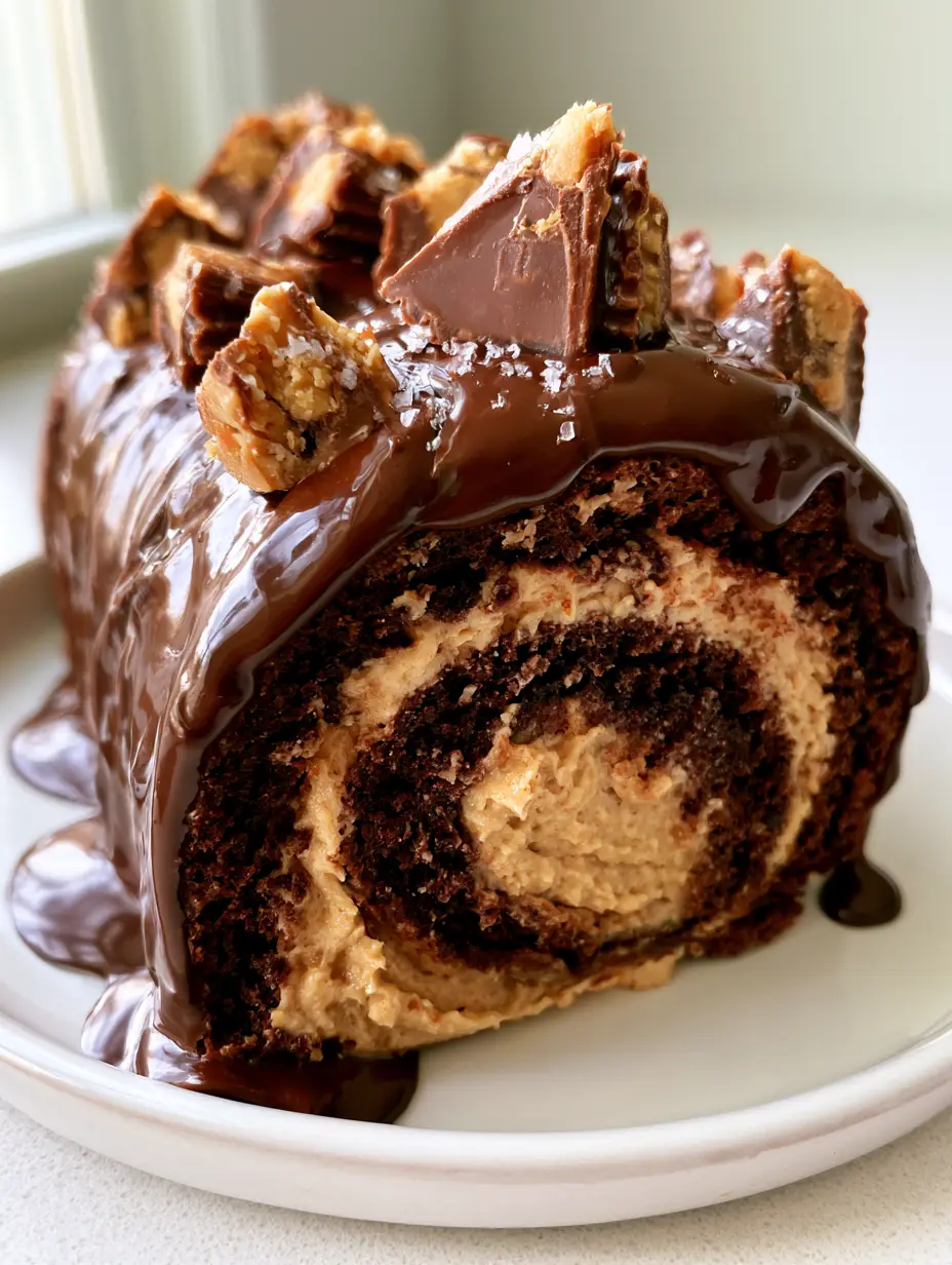 A handheld smartphone photo of a thick slice of chocolate swiss roll cake on a white plate with glossy ganache dripping down.
