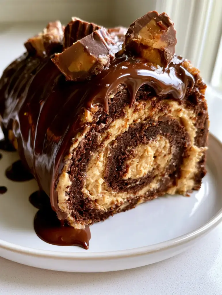 Visual details of the chocolate swiss roll cake spiral and chunky peanut butter cup toppings under natural window light.