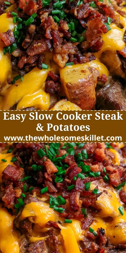 A close-up of a slow cooker filled with seared steak bites, golden potatoes, and melted ribbons of cheddar cheese. (steak and cheese potatoes)