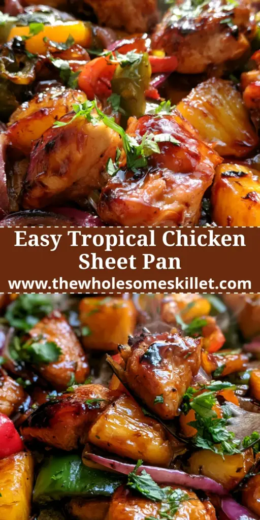 A top-down view of a teriyaki chicken sheet pan dinner featuring glistening chicken, pineapple, and peppers on a baking sheet.