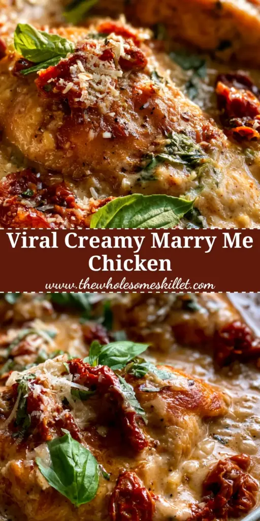 A professional shot of marry me chicken in a rustic pan with vibrant sun-dried tomatoes and fresh basil garnish.
