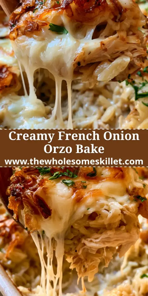 A close-up of a steaming French Onion Chicken Orzo Bake in a white ceramic dish with gooey cheese strands and crispy onions.