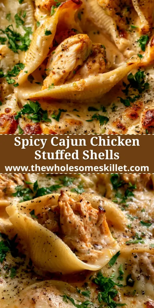 Chicken Alfredo Shells with Shredded Cajun Poultry and Bubbly Golden Cheese 4 An overhead shot of a ceramic dish filled with golden chicken alfredo shells topped with melted mozzarella and parsley.