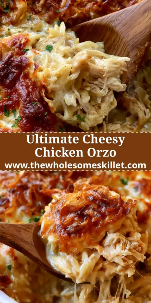 French Onion Chicken Orzo: The Ultimate Creamy One-Pan Bake 4 A close-up shot of a white ceramic dish filled with french onion chicken orzo, featuring bubbling melted cheese, crispy fried onions, and a wooden spoon lifting a scoop to show the cheese pull.